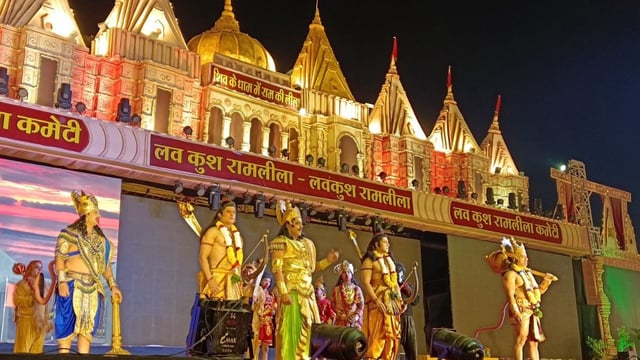 Ramlila, the retelling of the popular epic of Ramayana on stage, is an annual event during Navratri