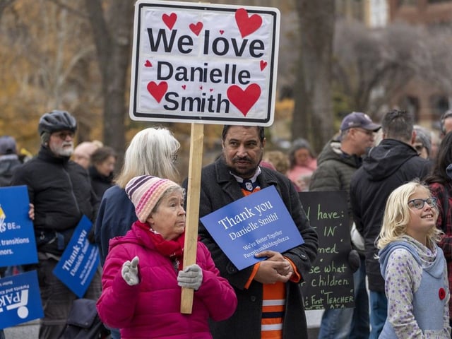 A parental rights group supporting Alberta’s laws targeting transgender youth and parental notifications from schools rallied outside the legislature on Saturday, November 9, 2024 in Edmonton.