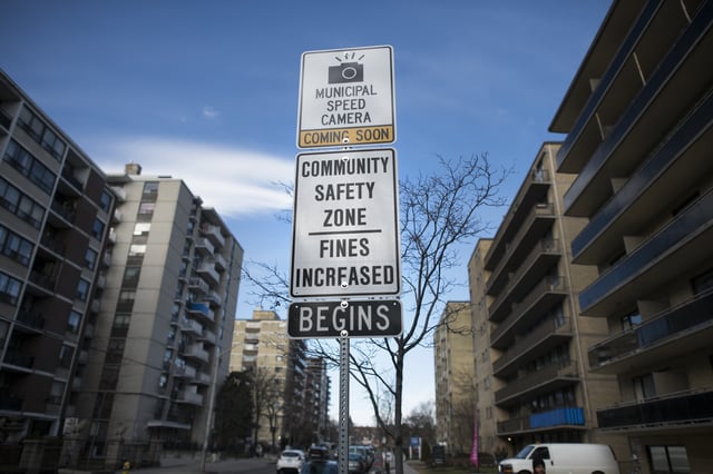 A sign letting residents and commuters know that a speed camera will be installed on Jameson Ave., photographed on Feb. 3 2020.