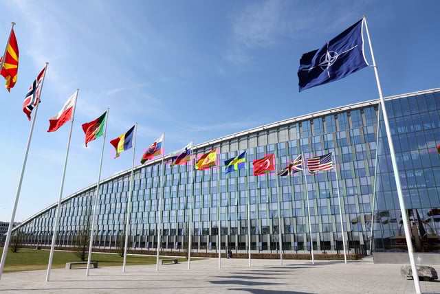 National flags of Alliance's members flutter at NATO headquarters in Brussels, Belgium April 2, 2025. REUTERS/Yves Herman/ File Photo