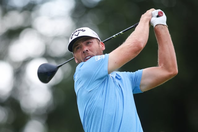 Aug 23, 2025; Atlanta, Georgia, USA; Sam Burns plays his shot from the 18th tee during the third round of the TOUR Championship golf tournament. Mandatory Credit: Brett Davis-Imagn Images