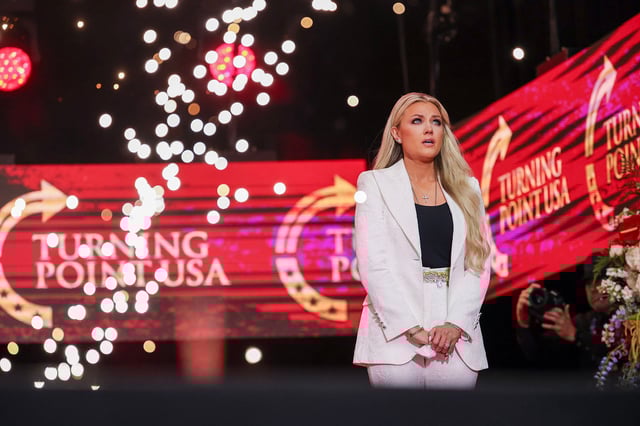 Erika Kirk appears onstage during the memorial service for her husband, conservative activist Charlie Kirk, on September 21, 2025 in Glendale, Arizona.