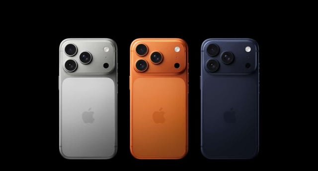 iPhone 17 Pro models in silver, orange, and dark blue.