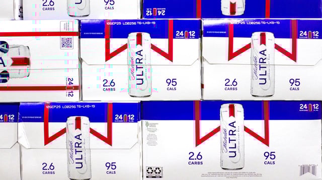 Cases of Michelob Ultra beer are displayed at a Costco Wholesale store.