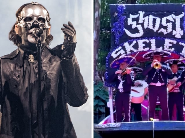 Ghost singer Papa V Perpetua in 2025, and a mariachi band on a Ghost-themed purple boat
