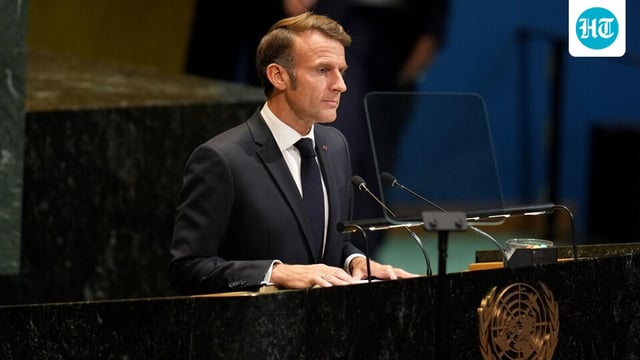 Emmanuel Macron, France's president, during a United Nations conference on a Palestinian two-state solution in New York, US