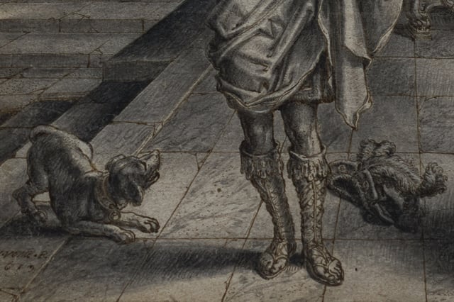 Detail of the 17th century drawing by Dutch artist Adriaen van de Venne which inspired Rembrandt when painting a dog in the Night Watch, is shown on an easel at the Rijksmuseum in Amsterdam, Netherlands, Tuesday, Sept. 23, 2025. (AP Photo/Peter Dejong)
