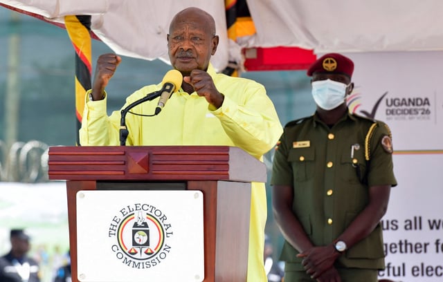 Uganda's President and the leader of ruling National Resistance Movement (NRM) party, Yoweri Museveni, addresses delegates at a ceremony for his nomination as presidential candidate at the Electoral Commission offices, in Kampala, Uganda September 23, 2025. REUTERS/Abubaker Lubowa