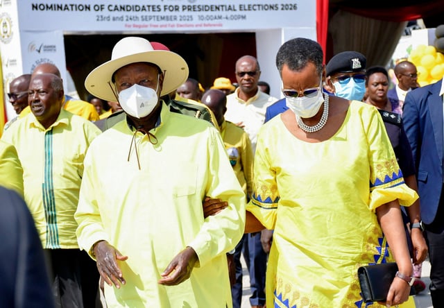 Uganda's President and the leader of ruling National Resistance Movement (NRM) party Yoweri Museveni and first lady Janet Museveni arrive at a ceremony for his nomination as presidential candidate at the Electoral Commission offices in Kampala, Uganda September 23, 2025. REUTERS/Abubaker Lubowa
