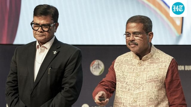 Union education minister Dharmendra Pradhan (right) with secretary of the Department of School Education and Literacy Sanjay Kumar (left) during the launch of 'Viksit Bharat Buildathon', in New Delhi, on Tuesday. (PTI)