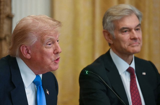 Medicare and Medicaid Administrator Mehmet Oz, right, and President Donald Trump speak at an event in the East Room of the White House in Washington, D.C on July 30, 2025.