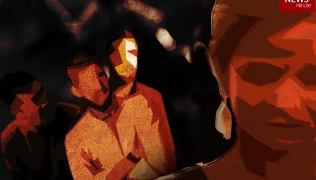 Silhouette of a woman with a few standing men behind her