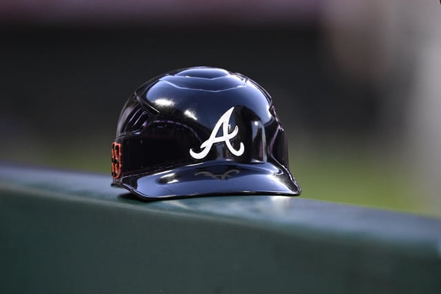ANAHEIM, CALIFORNIA - AUGUST 17: A detailed view of a Atlanta Braves batting helmet during the third inning against the Los Angeles Angels at Angel Stadium of Anaheim on August 17, 2024 in Anaheim, California. (Photo by Orlando Ramirez/Getty Images)