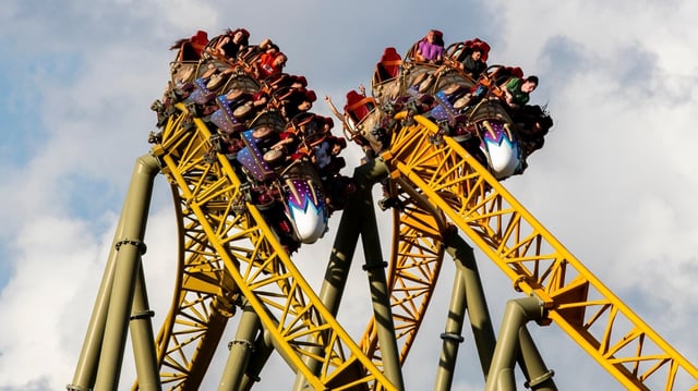 Guests ride Stardust Racers, a new dueling roller coaster ride in Celestial Park during a preview day for Universal Epic Universe on April 5, 2025. Orlando, Florida’s first new theme park in a generation is set to open to the public on May 22. (Patrick Connolly/Orlando Sentinel/TNS)