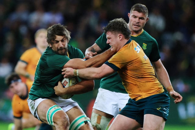 Rugby Union - Rugby Championship - South Africa v Australia - DHL Stadium, Cape Town, South Africa - August 23, 2025  South Africa's Eben Etzebeth in action with Australia's Billy Pollard REUTERS/Esa Alexander/File Photo