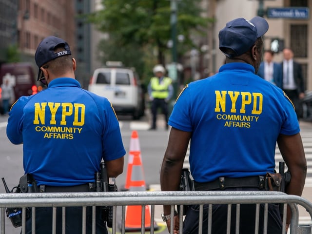 New York Police Department (NYPD) officers near the United Nations headquarters in New York, US, on Monday, Sept. 22, 2025. The United Nations General Assembly, which opens Tuesday, brings more than 150 world leaders and their entourages into Midtown - a convergence that has been compared to hosting the Super Bowl every day for a week, across an entire neighborhood. Photographer: David Dee Delgado/Bloomberg