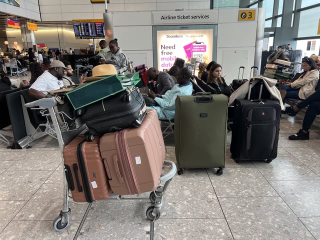 People at T4 London Heathrow Airport, after flights were delayed and cancelled at airports including Heathrow after an alleged cyber attack targeted a service provider for check-in and boarding systems. (Photo by Maja Smiejkowska/PA Images via Getty Images)
