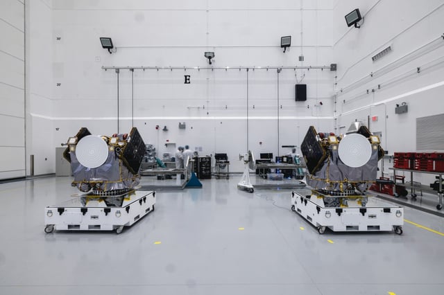 Two satellites for NASA's upcoming Mars-bound Escape and Plasma Acceleration and Dynamics Explorers (ESCAPADE) mission arrived to Kennedy Space Center ahead of a planned launch on a Blue Origin New Glenn this fall. (Courtesy/Rocket Lab)