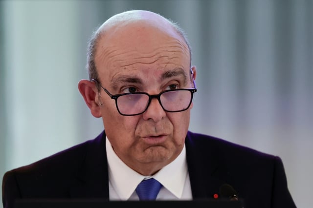 Le PDG de Dassault Eric Trappier au cours de l'Assemblée générale à Paris, le 16 mai 2024
