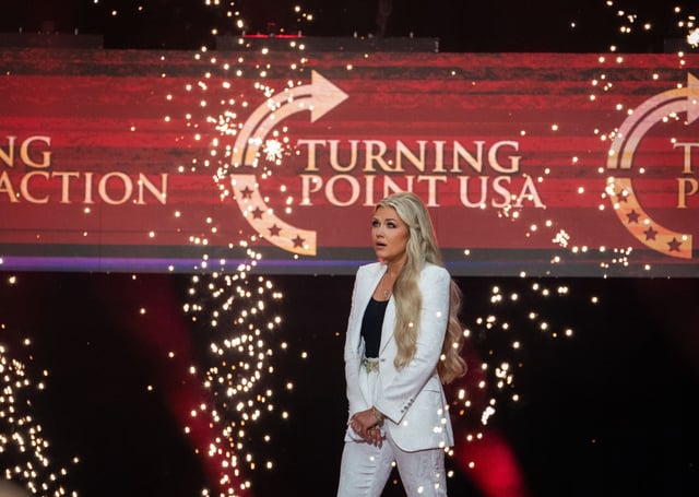 Erika Kirk, widow of Charlie Kirk and the new CEO of Turning Point USA, onstage during the memorial for her late husband at State Farm Stadium in Glendale, Ariz., on Sunday, Sept. 21, 2025. (Loren Elliott/The New York Times)