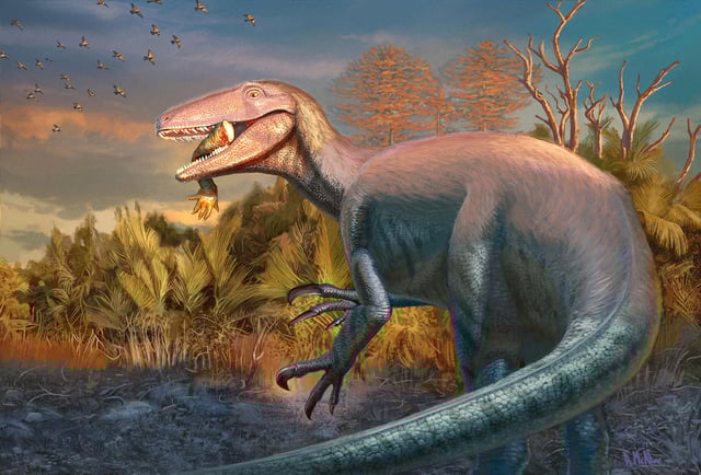 An artist's impression of the Cretaceous meat-eating dinosaur Joaquinraptor, whose fossilized remains were unearthed in Argentina's Patagonia region, is shown in this image released on September 23, 2025. Andrew McAfee/Carnegie Museum of Natural History/Handout via REUTERS