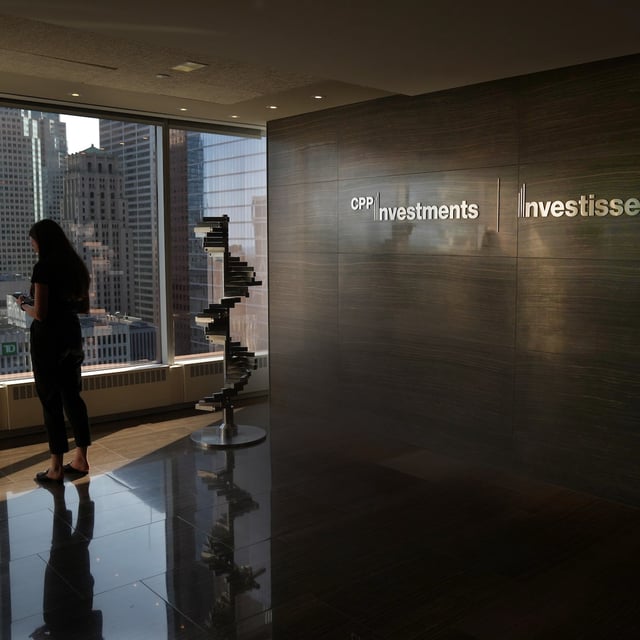 Signage is seen in the reception of CPP Investments' Toronto offices, on Thursday, Sept. 21, 2023. THE CANADIAN PRESS/Chris Young