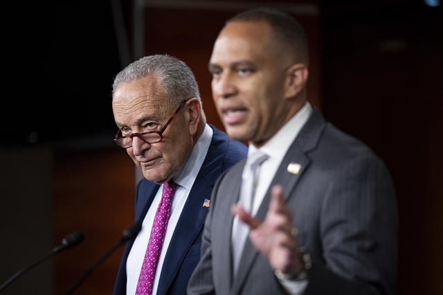 Senate Minority Leader Chuck Schumer, left, and House Minority Leader Hakeem Jeffries speak at the Capitol on June 11, 2025. 