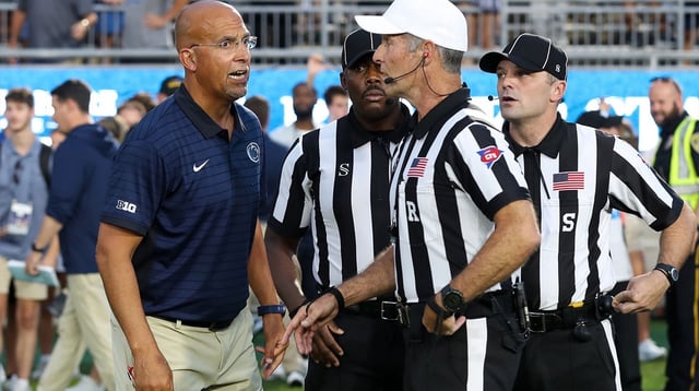 Sep 13, 2025; University Park, Pennsylvania, USA; Penn State Nittany Lions head coach James Franklin argues with officials over the final play of the game during the fourth quarter against the Villanova Wildcats at Beaver Stadium. Mandatory Credit: Matthew O'Haren-Imagn Images