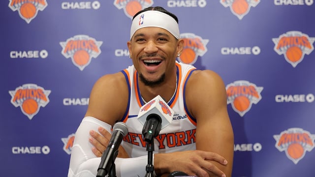 Sep 23, 2025; New York, NY, USA; New York Knicks guard Josh Hart speaks to the media during a media day press conference at the Madison Square Garden training center. Mandatory Credit: Brad Penner-Imagn Images