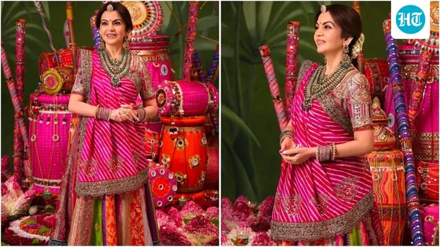 Nita Ambani stuns in vibrant pink dupatta and opulent jewellery for Navratri festivities. 
