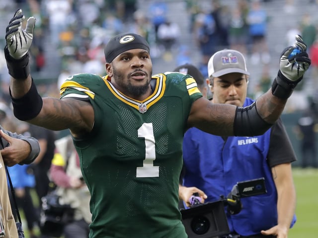 Sep 7, 2025; Green Bay, Wisconsin, USA; Green Bay Packers defensive end Micah Parsons (1) celebrates after their win against the Detroit Lions at Lambeau Field. Mandatory Credit: Mark Hoffman-USA TODAY Network via Imagn Images/File Photo