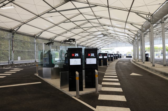 Automated European Union's Entry/Exit System (EES) kiosks at the Eurotunnel terminal in Folkestone, Britain, September 23, 2025. REUTERS/Jack Taylor