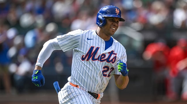 Sep 21, 2025; New York City, New York, USA; New York Mets outfielder Juan Soto (22) rounds the bases after hitting a double against the Washington Nationals during the third inning at Citi Field. Mandatory Credit: John Jones-Imagn Images