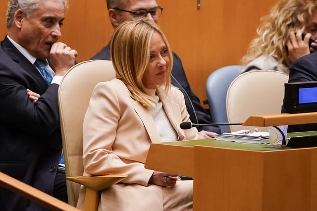 Italy's Prime Minister Giorgia Meloni reacts while listening to U.S. President Donald Trump's (not pictured) speech at the 80th United Nations General Assembly, in New York City, New York, U.S., September 23, 2025. REUTERS/Al Drago