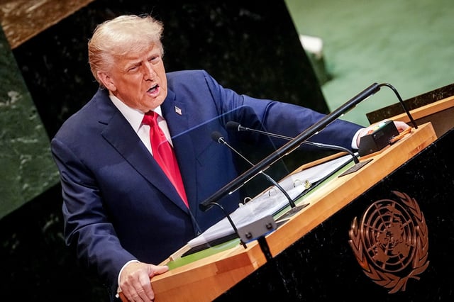 dpatop - 23 September 2025, USA, New York: US President Donald Trump speaks at the general debate of the UN General Assembly. Over 140 heads of state and government are expected to attend the world's largest diplomatic event over several days. Photo by: Kay Nietfeld/picture-alliance/dpa/AP Images