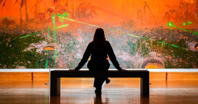 A visitor views work by Mohammed Sami at an exhibition for the Turner Prize 2025 at Cartwright Hall Art Gallery in Bradford, northern England. PA