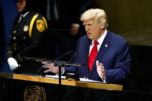 NEW YORK, NEW YORK - SEPTEMBER 23: U.S. President Donald Trump speaks during the 80th session of the UN’s General Assembly (UNGA) at the United Nations headquarters on September 23, 2025 in New York City. World leaders convened for the 80th Session of UNGA, with this year’s theme for the annual global meeting being “Better together: 80 years and more for peace, development and human rights.” (Photo by Chip Somodevilla/Getty Images)