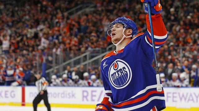 Nov 23, 2024; Edmonton, Alberta, CAN; Edmonton Oilers forward Vasily Podkolzin (92) celebrates after scoring a goal during the first period against the New York Rangers at Rogers Place. Mandatory Credit: Perry Nelson-Imagn Images