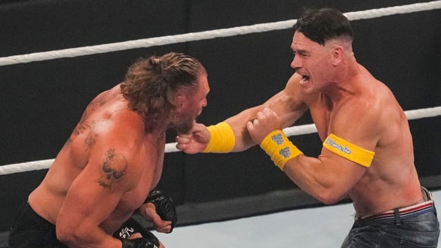 John Cena fights Brock Lesnar on Saturday, Sept. 20, 2025, during WWE WrestlePalooza at Gainbridge Fieldhouse in Indianapolis.