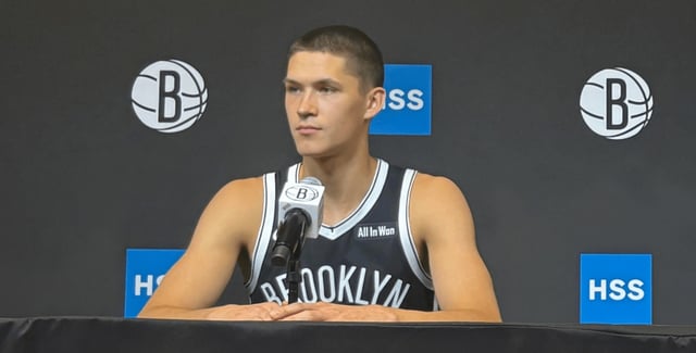 Brooklyn Nets rookie Egor Demin speaks during Brooklyn's Media Day on Tuesday.