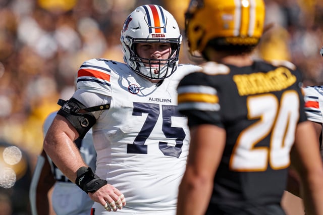 COLUMBIA, MO - October 19, 2024 - Auburn Offensive Lineman Connor Lew (#75) during the game between the Auburn Tigers and the (#19) Missouri Tigers at Faurot Field at Memorial Stadium in Columbia, MO.