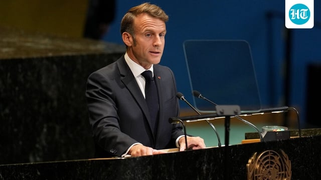 Emmanuel Macron, France's president, during a United Nations conference on a Palestinian two-state solution in New York, US