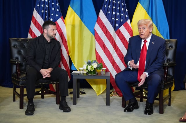 President Donald Trump meets with Ukrainian President Volodymyr Zelenskyy during the United Nations General Assembly, Tuesday, Sept. 23, 2025, in New York. (AP Photo/Evan Vucci)