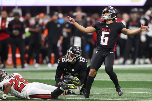 Sep 7, 2025; Atlanta, Georgia, USA; Atlanta Falcons place kicker Younghoe Koo (6) watches a kick against the Tampa Bay Buccaneers during the third quarter at Mercedes-Benz Stadium. Mandatory Credit: Brett Davis-Imagn Images/File photo