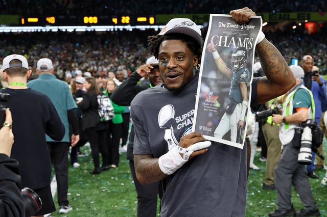 Feb 9, 2025; New Orleans, LA, USA; Philadelphia Eagles safety C.J. Gardner-Johnson (8) celebrates after winning Super Bowl LIX at Caesars Superdome. Mandatory Credit: Geoff Burke-Imagn Images/File photo
