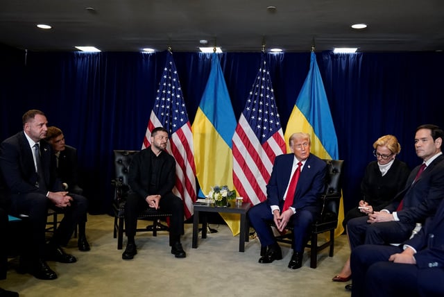 U.S. President Donald Trump meets with Ukrainian President Volodymyr Zelenskiy during the 80th United Nations General Assembly, in New York City, New York, U.S., September 23, 2025. REUTERS/Al Drago