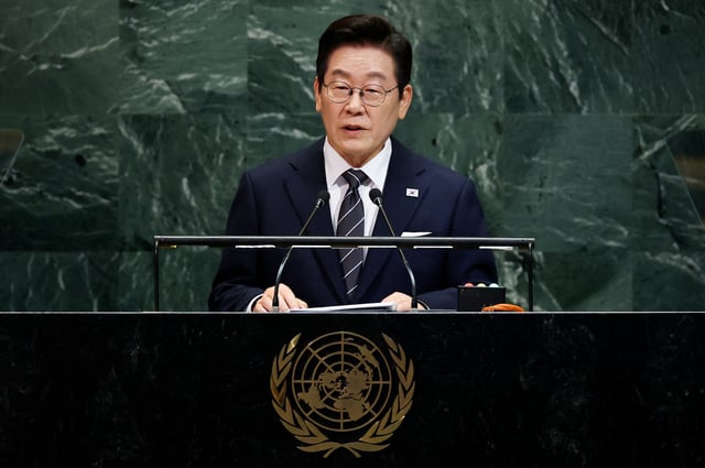 South Korea's President Lee Jae Myung addresses the 80th United Nations General Assembly at U.N. headquarters in New York, U.S., September 23, 2025.  REUTERS/MIKE SEGAR