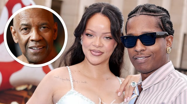 A$AP Rocky and Rihanna with Denzel Washington. (Getty Images)