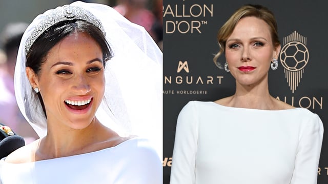 Meghan Markle in a wedding dress and veil; Princess Charlene wearing a white dress on a red carpet