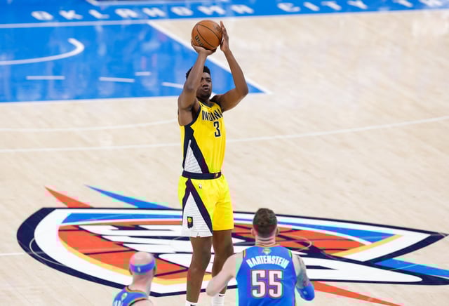 Jun 22, 2025; Oklahoma City, Oklahoma, USA; Indiana Pacers center Thomas Bryant (3) shoots as Oklahoma City Thunder center Isaiah Hartenstein (55) defends during the second half of game seven of the 2025 NBA Finals at Paycom Center. Mandatory Credit: Alonzo Adams-Imagn Images/File photo